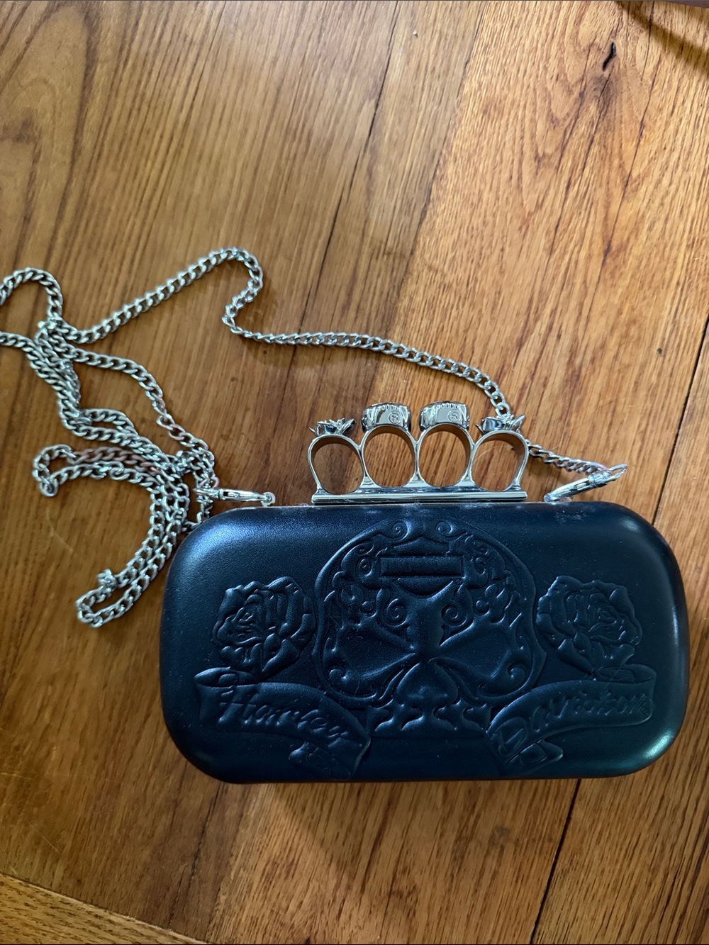 Harley Davidson Black Embossed Skull Knuckle Clutch with Chain